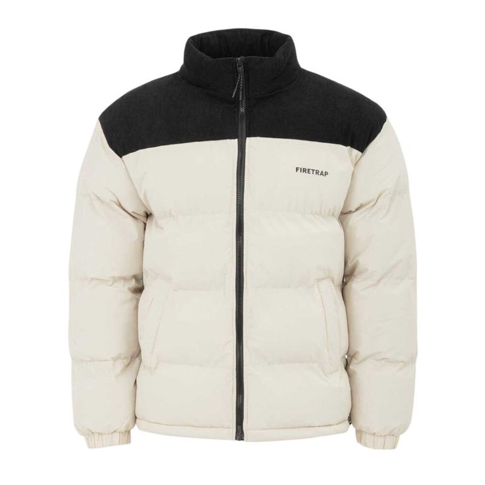 Firetrap Mens Colour Block Corduroy Quilted Puffer Jacket / Beige